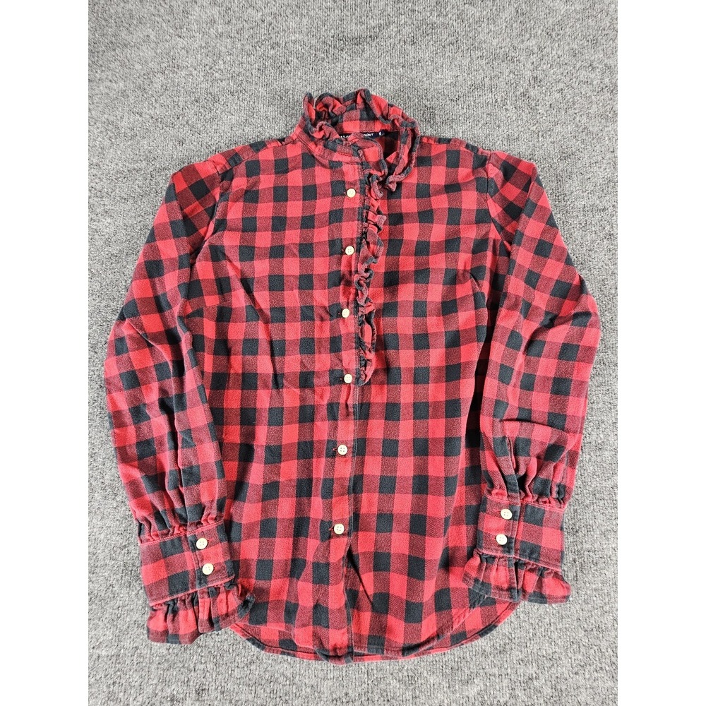 Ralph Lauren Sport Shirt Womens 6 Red Black Buffalo Plaid Flannel Ruffle Cotton